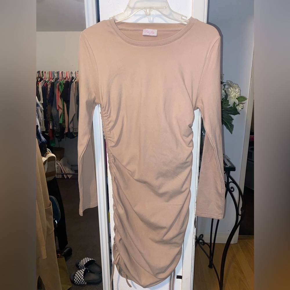 Pink Lily Long‎ Sleeve Side Cinch Tan Dress